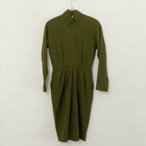 VTG Anne Klein Wool High Neck Dress Women's Size 10 Green Sheath Long Sleeve